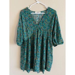 Natural Life Teal Floral Boho V-Neck Babydoll Mini Dress Women Large Rayon L